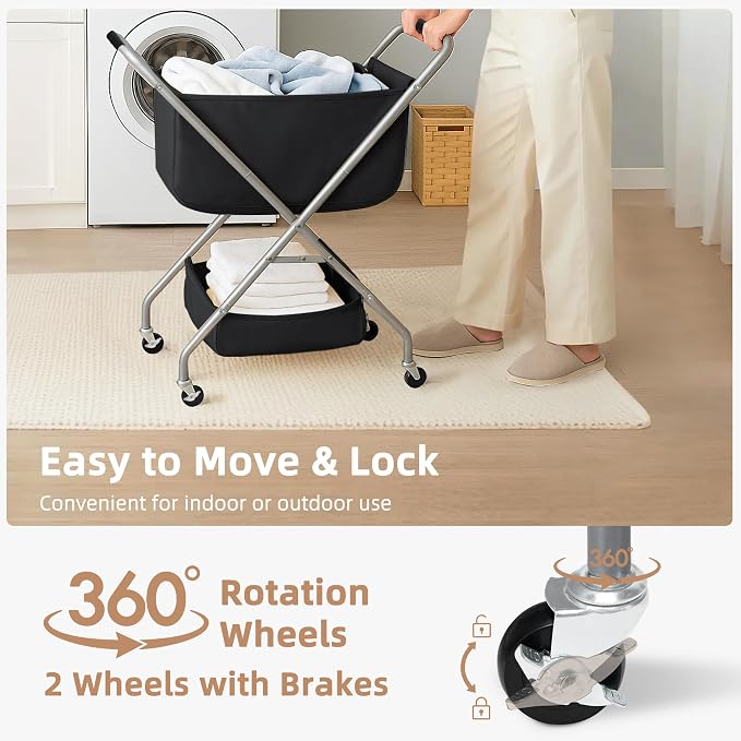STORAGE MANIAC Collapsible Laundry Cart with Wheels 31.5"H Rolling Laundry Hamper Clothes Basket with Wheels, Canvas Liner Sturdy Steel Frame Folding for Small Narrow Space Easy Storage, Black - Image 5
