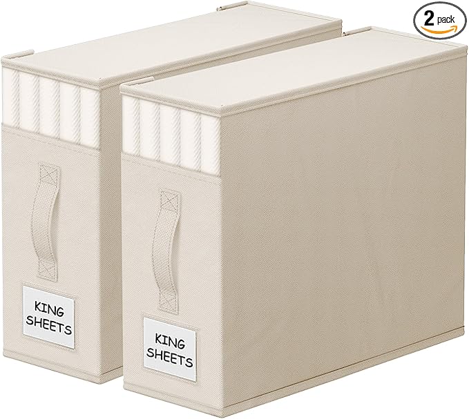 StorageTastic 2 Pack Bed Sheet Closet Organizers and Storage,Sturdy Foldable Storage Containers with Window and Label,Storage and Organization for Bedding Sheets,Duvet Covers,Blankets (Beige) by StorageTastic