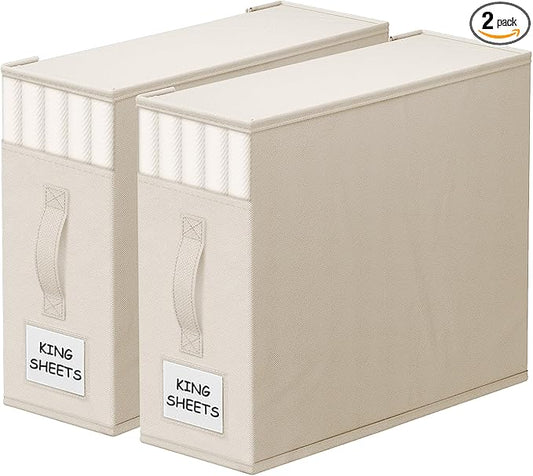 StorageTastic 2 Pack Bed Sheet Closet Organizers and Storage,Sturdy Foldable Storage Containers with Window and Label,Storage and Organization for Bedding Sheets,Duvet Covers,Blankets (Beige) by StorageTastic