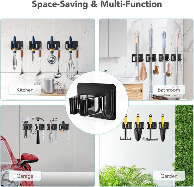 homeasy Mop Broom Holder No Drill, Mop Broom Organizer Wall Mounted Heavy Duty with Hooks Hanger, Self Adhesive Stainless Steel 4Pcs for Bathroom, Kitchen, Office (Multicolor) - Image 5