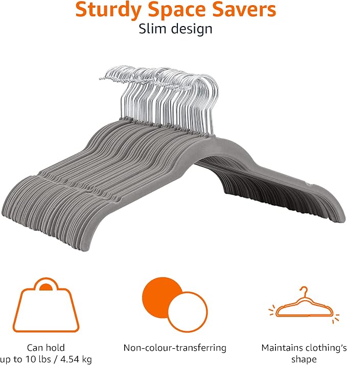 Amazon Basics Space Saving Slim Velvet Non-Slip Clothes Hangers for Closet Organization, Gray/Silver, 30-Pack - Image 4