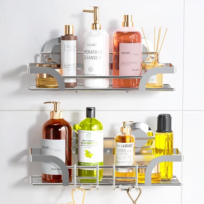 LEVERLOC 2 Pack Shower Caddy Suction Cup, Shower Shelves for Inside, Rustproof Metal Bathroom Storage NO-Drilling Bath Organizer with Large Capacity,Heavy Duty Storage Basket,Home Decor,Silver by LEVERLOC