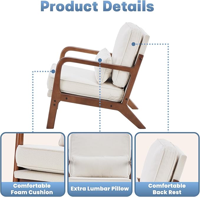 DUMOS Mid Century Modern Chair, Accent Chair with Arms and Waist Cushion, Reading Chairs for Adults, Lounge Chair for Living Room and Bedroom, Solid Wooden Frame, Cream
