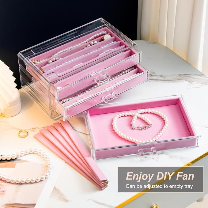 YUFONG Necklace Holder Organizer, Dustproof Necklace Box Velvet Necklace Organizer Box with Lid Clear Acrylic Dustproof Stackable Jewelry Displays for Necklaces Chain Display (Pink, 5 Drawer) - Image 5