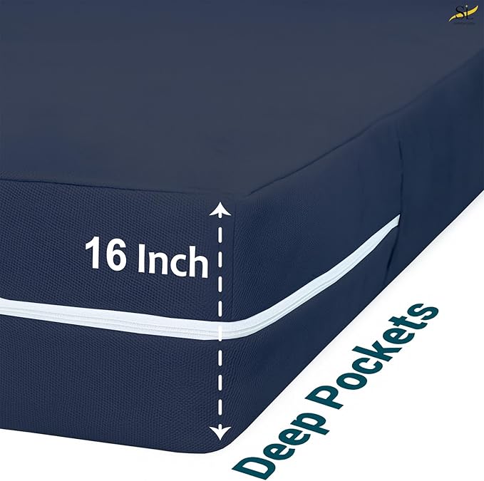 Mattress Protector Queen Size 100% Waterproof Zippered Cover, 15 Inches Deep, Six-Sided Mattress Encasement for Bed, Zipper Closure Style (Navy Blue)