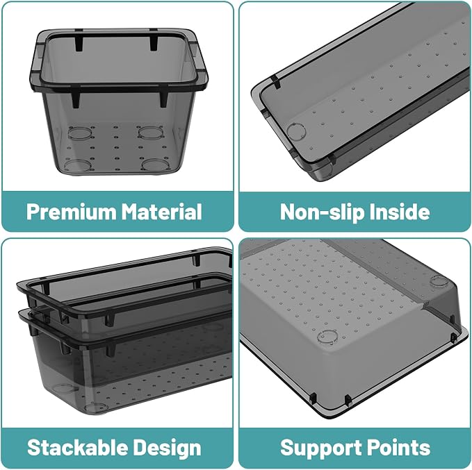 WOWBOX 8 PCS Clear Plastic Drawer Organizer Set, 4 Sizes Desk Drawer Organization and Storage Containers for Makeup, Cosmetics, Jewelry and Gadgets in Kitchen, Bathroom, Bedroom, Office, Clear Black - Image 2