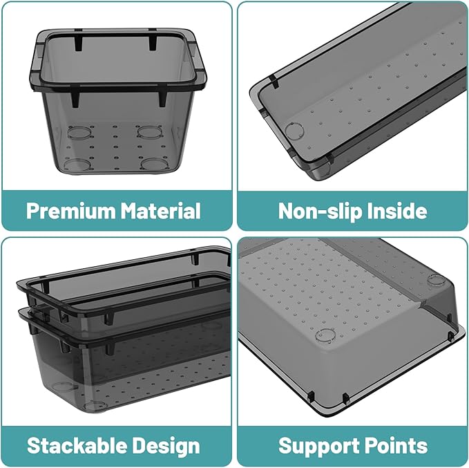 WOWBOX 40 PCS Clear Plastic Drawer Organizer Set, 4 Sizes Desk Drawer Organization and Storage Containers for Makeup, Cosmetics, Jewelry and Gadgets in Kitchen, Bathroom, Bedroom, Office, Clear Black - Image 2