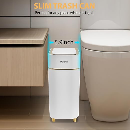 Pukomc Automatic Small Sensor Trash Can with Touchless Lid, 2.3 Gallon / 9L Smart Garbage Can, Quiet Close White Gold Waste Bin - Perfect for Kitchen, Living Room & Small Spaces - Image 4