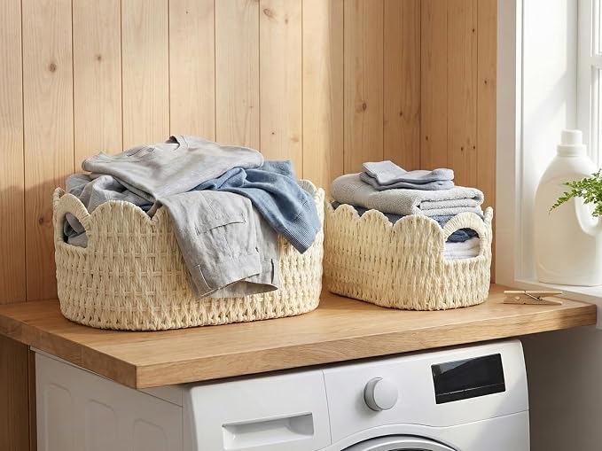 Coeusy Paper Rope Scalloped Basket Set of 2,Hand-woven Storage Baskets for Shelves,Nursery,Books,Toys,Cute Boho Decor Baskets for Organizing,White - Image 8