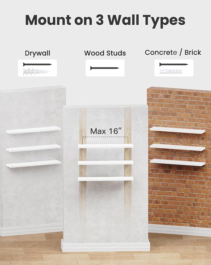 AMADA HOMEFURNISHING 23.6" L Floating Shelves, Wall Shelves Set of 3 for Bathroom/Living Room/Bedroom/Kitchen, White Floating Shelves for Wall Decor with Invisible Brackets - AMFS44W - Image 7