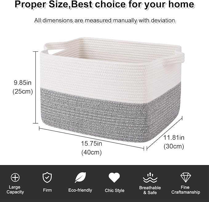 OIAHOMY Woven Storage Basket for Shelves, Rectangle Cotton Rope Baskets for Organizing, 16 x 12 x 10 in, Storage Bins for Dog Toys,Towel,Books,Gift,Grey and White - Image 2