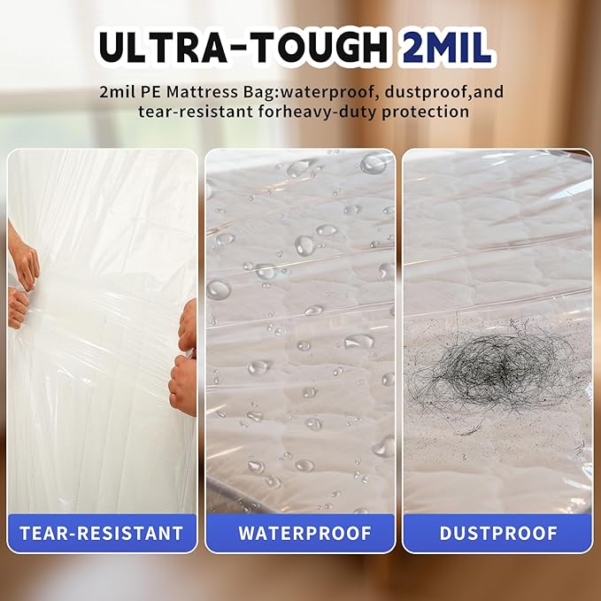 TopSoon 2PK Clear Plastic Mattress Bag - Moving & Storage Cover for Mattress or Box Spring - Heavy-Duty Disposal Supplies (2mil, Full)