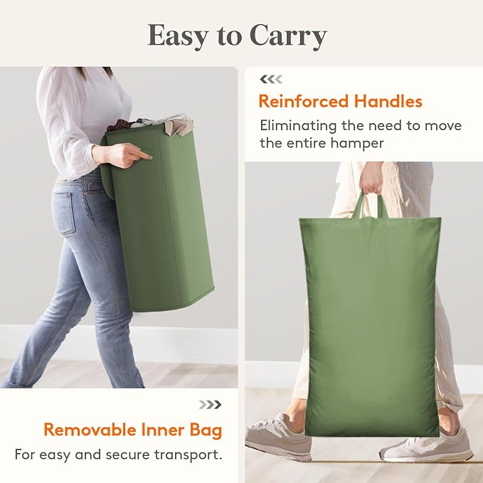 Lifewit Slim Laundry Basket with Lid, Narrow Large Laundry Hamper with Plastic Handles and Removable Bag, Tall Foldable Dirty Clothes Hampers for Laundry Room, Bedroom, Bathroom, Dorm, 65L Green - Image 8