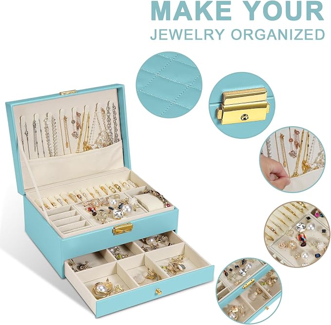 2-Layer Jewelry Box for Women, Jewelry Organizers and Storage with Removable Jewelry Tray, Vintage Quilted Top Lockable Jewelry Holder Gift Idea Sky Blue - Image 2