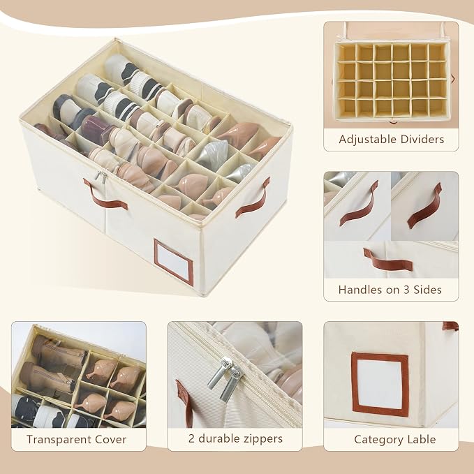 INSTY Shoe Organizer for Closet Fit 24 Pairs, Large Foldable Shoe Storage Containers Box Bin w/Adjustable Dividers and Clear Cover, Space Saving Shoe Storage Organizer Box, Beige - Image 3