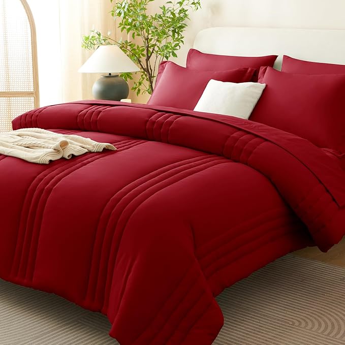 CozyLux Full Comforter Set - 7 Pieces Bed in a Bag Dark Red Comforter Set with Sheets Luxury Bed Set All Seasons, Soft Bedding Set with Down Alternative Comforter, Sheets, Pillowcases & Shams