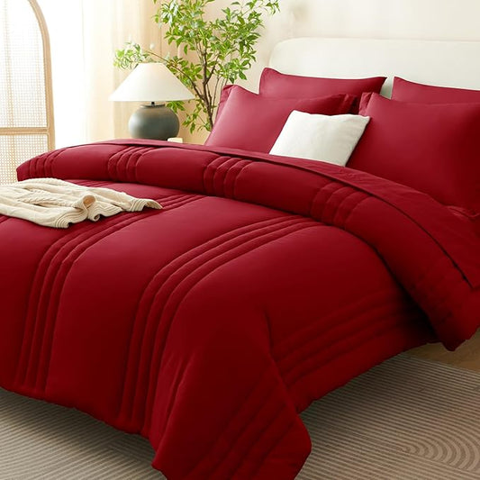 CozyLux Full Comforter Set - 7 Pieces Bed in a Bag Dark Red Comforter Set with Sheets Luxury Bed Set All Seasons, Soft Bedding Set with Down Alternative Comforter, Sheets, Pillowcases & Shams