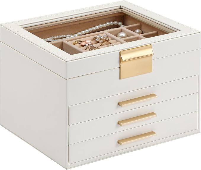 Somduy Jewelry Box Organizer for Women,4 Layers Jewelry Storage Display Box with Glass Lid,Gift for Christmas,3 Drawers,Large Capacity for Necklace Earrings Bracelets Rings,White by Somduy