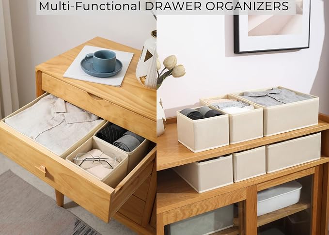Fordonral 12 Pack Drawer Organizer Clothes, Foldable Fabric Dresser Organizer Closet Organizers and Storage Box for Underwear,Folded Clothes,Baby Clothing,Socks,Bra,Towels,Ties(12 Pack,Beige) - Image 2