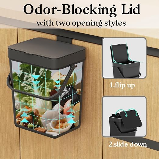 LALASTAR Countertop Compost Bin, Hanging Small Trash Can with Lid Under Sink for Kitchen, Food Waste Bin for Countertop, Mountable Garbage Can for Bathroom, RV, 5L/1.3 Gal,Sliding Lid, Black - Image 5