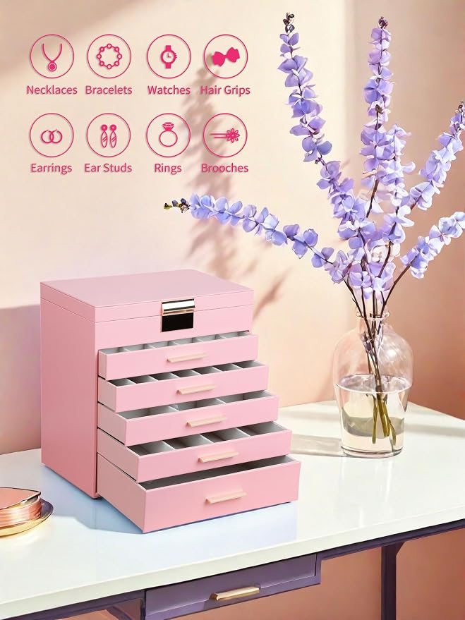 BOOVO Jewelry Boxes for Women, White and Black 6 Layer Large Jewelry Box for Necklace, Bracelet, Earrings, Rings Storage, Jewelry holder Organizer for Girls Gift (Pink, 6 layer) - Image 4