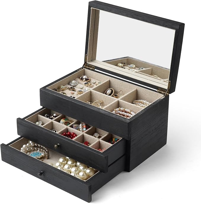 Meangood Jewelry Box Organizer for Women, 3 Layer Large Jewelry Storage Case, Rustic Wooden Jewelry Box with Mirror & Ring Tray for Necklace Earring Bracelets Rings, Vintage Style (Black) - Image 7