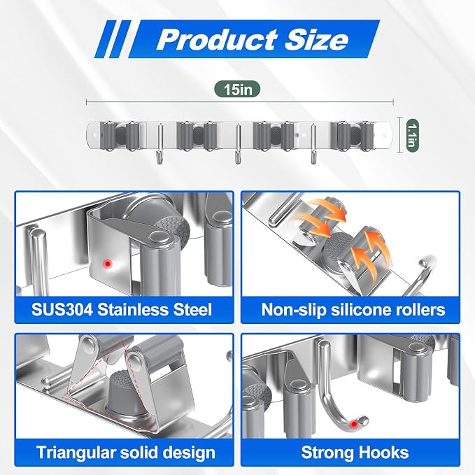 2 Pack Broom Mop Holder Wall Mount, Broom Organizer Mop Hanger Storage Tool Utility Racks Stainless Steel Mop Holder Solid for Home Kitchen Garden Laundry Garage (2, 4 Racks 3 Hooks) - Image 3