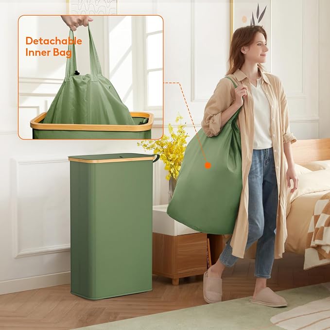 Lifewit 75L Slim Laundry Hamper with Lid, Narrow Laundry Basket with Removable Bag & Bamboo Handles, Fodable Thin Dirty Clothes Hamper for Laundry Collapsible Bin for Bathroom Bedroom Dorm, Green - Image 4