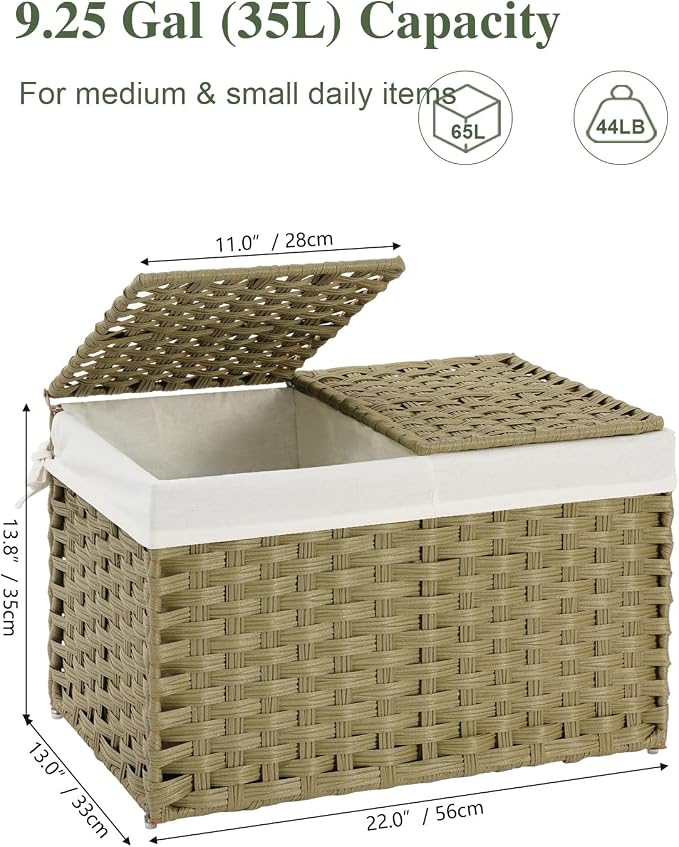 SETVSON Storage Basket with Lid Rattan Woven Storage Baskets with 2 Separate Lids, 17.2 Gallon (65 L), Wicker Storage Bins Foldable, 2 Removable Liner Bags Handles for Bedroom, Laundry Room Green - Image 2