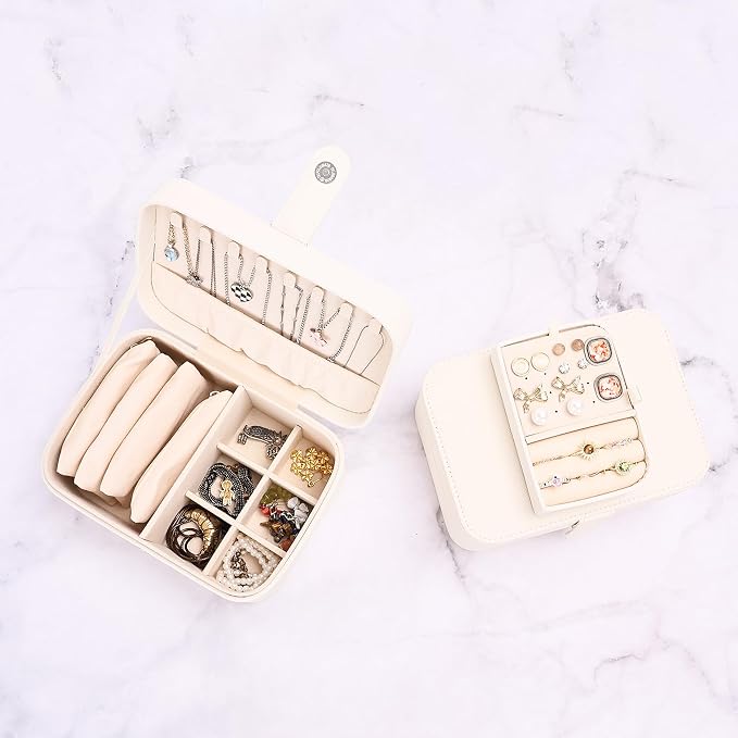 2 Layer Portable Jewelry Box, Large Jewelry Travel Case with 4 Jewelry Pouches, Medium Size Jewelry Organizer Box for Earrings, Necklaces, Bracelets (beige) - Image 6