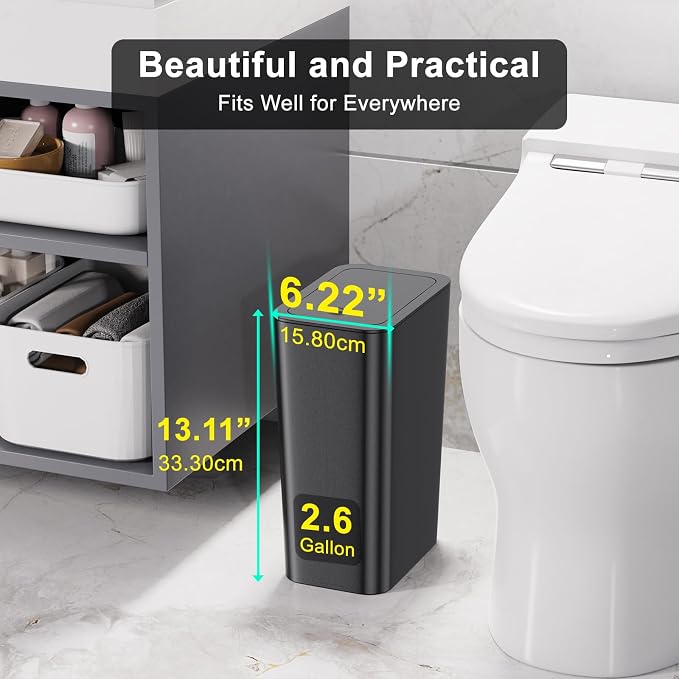 N. NETDOT 3 Pack 10L/2.6 Gal Bathroom Trash Can with Lid, Trash Bin with Press Lid, Small Trash Can/Slim Garbage Cans/Waste Basket for Bathroom,Kitchen,Office,Bedroom - Black,Gray,Off White - Image 2