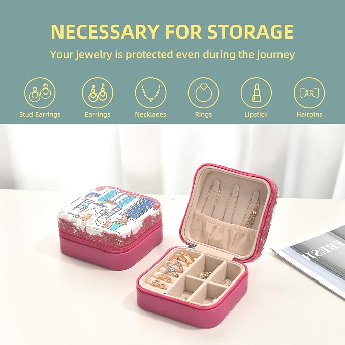 shunmei Mini Travel Jewelry Box,PU Leather Portable Jewelry Organizer Case,Art Accessories Storage Holder Boxes for Earring, Necklace, Rings, Bracelets (Four Cats) - Image 4