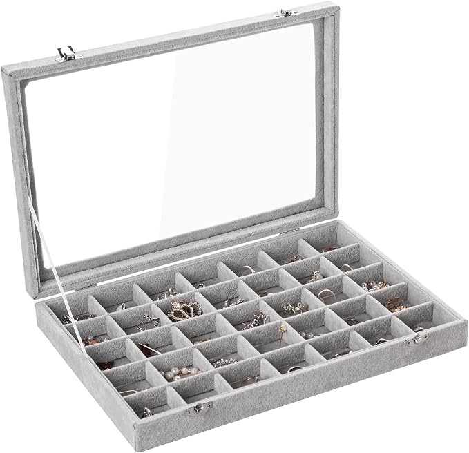 Frebeauty Velvet Jewelry Tray,35 Grid Jewelry Organizer with Clear Lid,Earring Holder Organizer Case with Clasp,Drawer Insert for Rings Studs,13.8 x 9.5 x 2 Inches,Gift for Women Girls(Grey) by Frebeauty
