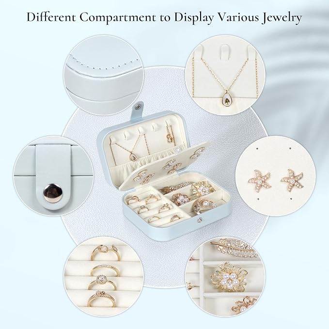 Hatori Travel Jewelry Box, PU Leather Small Jewelry Organizer for Women Girls, Double Layer Portable Mini Travel Case Display Storage Holder Boxes for Stud Earrings, Rings (Light Blue) - Image 4