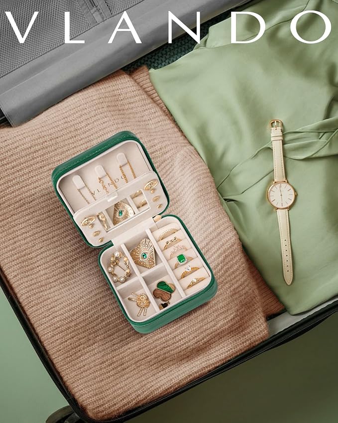 VLANDO Small Travel Jewelry Box Organizer - Girls Women Gift Rings Earrings Necklaces Jewelry Storage Display Case with Mirror Dark Green - Image 7