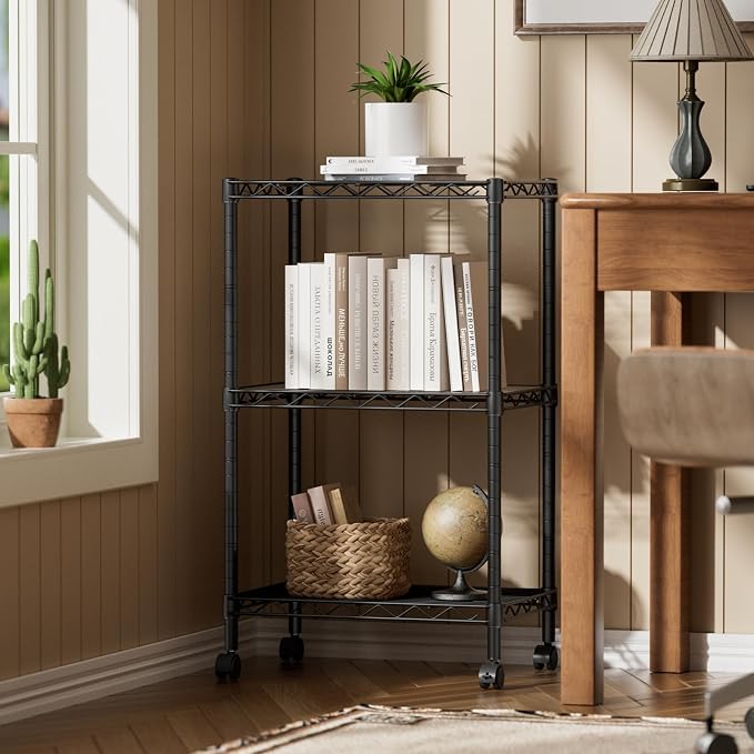 SINGAYE 3 Small Shelves Storage Shelf Wire Shelving Unit Metal Shelf Adjustable Organizers Storage Shelving with Wheels for Bathroom Laundry Room Kitchen Pantry11.5”D x 17.3”W x 30”H Black - Image 8