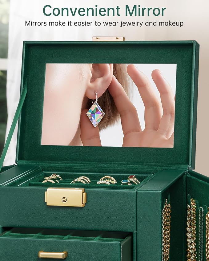 AKOZLIN 4-Tier Jewelry Box Leather Jewelry Storage Organizer with 3 Drawers Lockable for Women Girls Ring Necklace Earring Bracelet Holder with Mirror Forest Green - Image 7