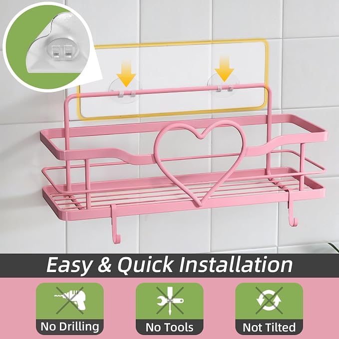 Pink Shower Caddy with 4 Removable Hooks, 2 Pack Sweet Heart Shower Shelves,No Drilling Adhesive Organizer Shelf for Bathroom Shower,Kitchen,Bedroom - Image 5