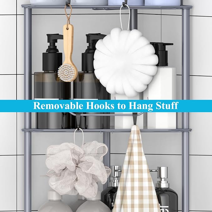 HuggieGems 4 Tier Floor Standing Corner Shower Caddy Organizer Shelf with Hooks, Bathroom Shelves Stand Rack, Dark Gray - Image 4