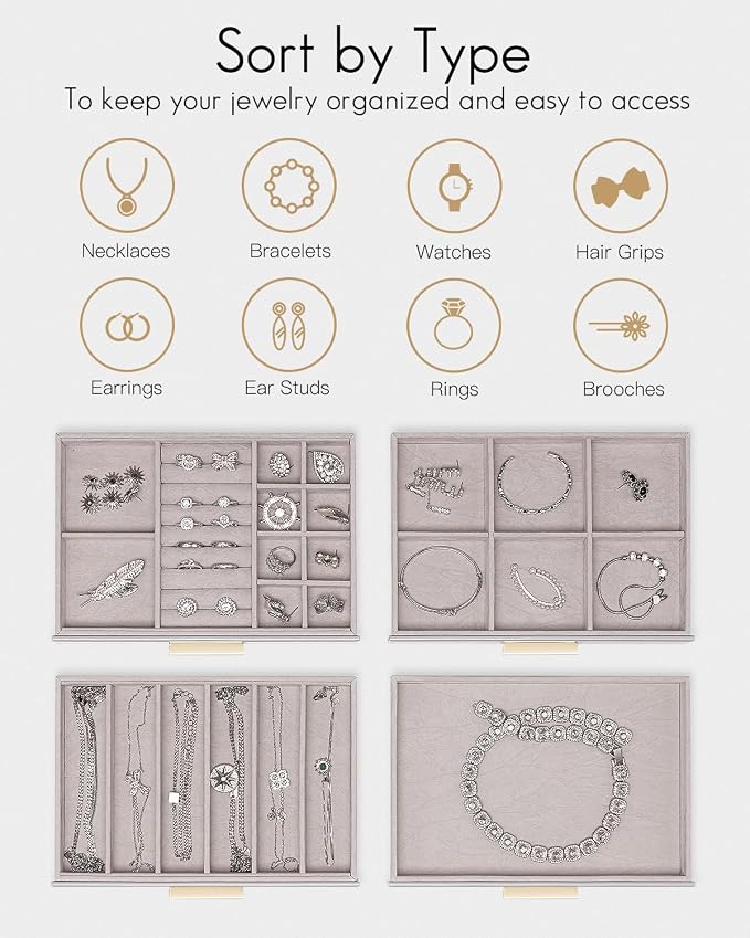 Vlando 4 Layer Jewelry Box for Women, Glass Lid Jewelry Organizer with 4 Drawers for Necklaces Rings Earrings Bracelets - Grey - Image 3