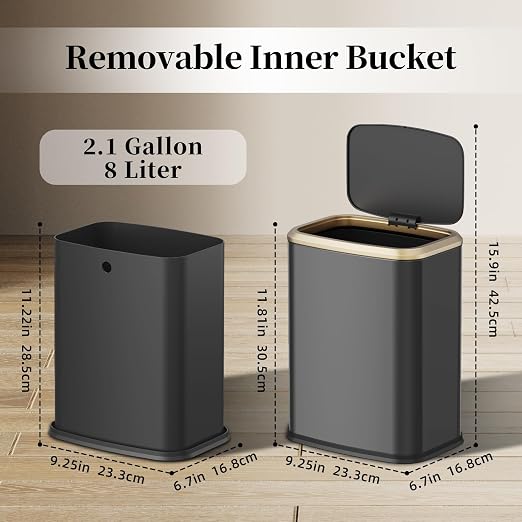 2.1 Gallon Bathroom Trash Can with Lid Press Top, 8 Liter Stainless Steel Garbage Can with Press Type Lid, Slim Trash Bin Waste Basket for Toilet, Office, Bedroom (Titanium Black) - Image 7