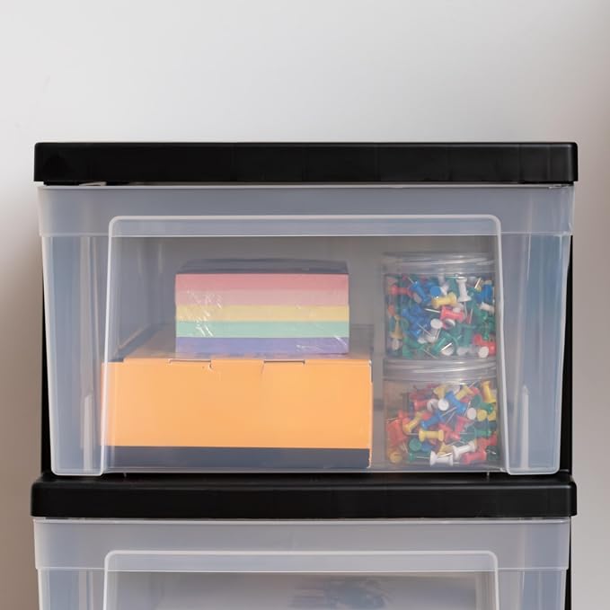 IRIS USA Plastic Drawer Storage Organizer, 3-Drawers, 2-Pack, for Classroom Art Craft Supplies, Bathroom Bedroom, Laundry Room, Black/Clear - Image 7