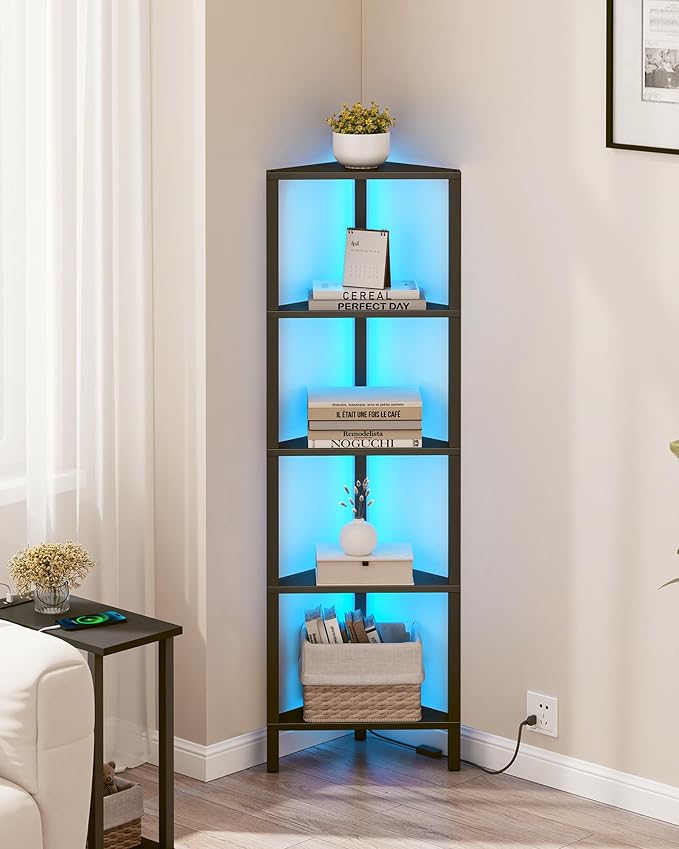 TUTOTAK Corner Shelf with LED Light, 5-Tier Corner Bookshelf for Small Space, Narrow Display Corner Shelf Stand with Storage Rack, for Living Room, Bedroom, Black BS05BK005L by ChoosetutotakFurnitureBuildYourCozyHome