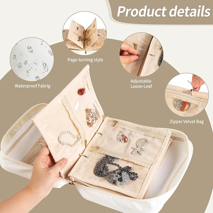 GSXRB Jewelry Organizer Travel Portable Earring Necklace Ring Jewelry Organizer Large Capacity Foldable Multi-Layer Classified Storage Bag Waterproof Antioxidant Organizer (beige) - Image 6