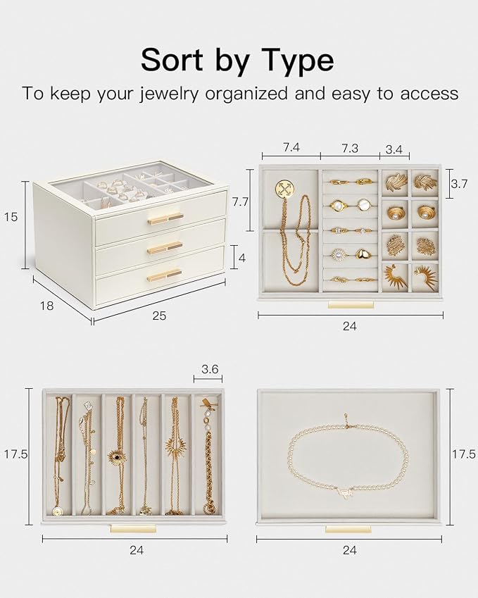 VLANDO Jewelry Box for Women, Glass Lid Jewelry Organizer with 3 Drawers for Necklaces Rings Earrings Bracelets Mother Day Gift for Mom - Cloud White - Image 5
