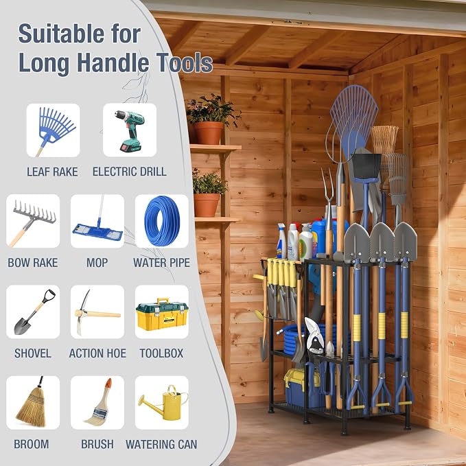 Garden Tool Organizer, Metal Yard Tool Organizer,Holds 70 Long-Handled Tools/Rakes/Brooms,Side Garden Pocket,Heavy Duty Steel Yard Tool Storage Rack for Garage,Shed, Outdoor(Black-Large) - Image 6