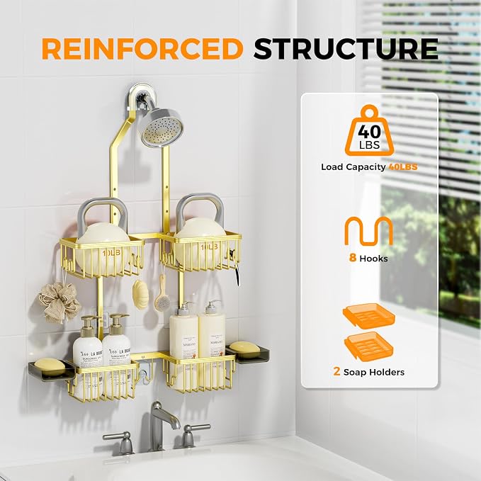 REINHARDT Aluminum Shower Caddy Hanging Adjustable Shower Caddy, Rustproof Hanging Shower Organizer with Hooks Soap Holders, Over Shower Head Caddy for Handheld Showerhead, Gold - Image 4