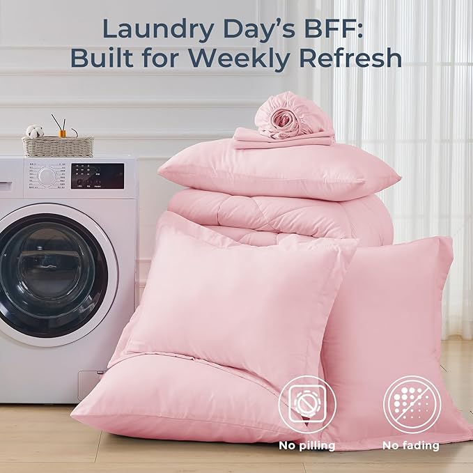 HEVUMYI Pink Queen Comforter Set - 7-Piece All Season Bed in a Bag Queen, Ultra Soft Bedding Set with Comforter, Flat Sheet, Fitted Sheet, Pillowcases, Pillow Shams, Pink