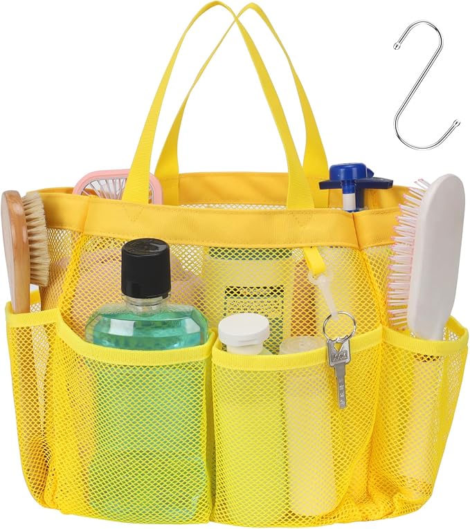 F-color Mesh Shower Caddy Portable, Upgrade Deeper 7 Pockets Shower Bag Basket Tote for College Dorm Room Toiletry Bathroom Essentials Gym Camp Quick Dry 2 handles with S Hook, Yellow by F-color