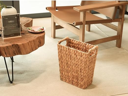 Coeusy 6 Gallon Wicker Trash Can with Wooden Handle,Wicker Waste Basket for Bathroom,Bedroom,Large Narrow Water Hyacinth Trash Basket,Rattan Boho Decor Farmhouse Bathroom Trash Can - Image 8